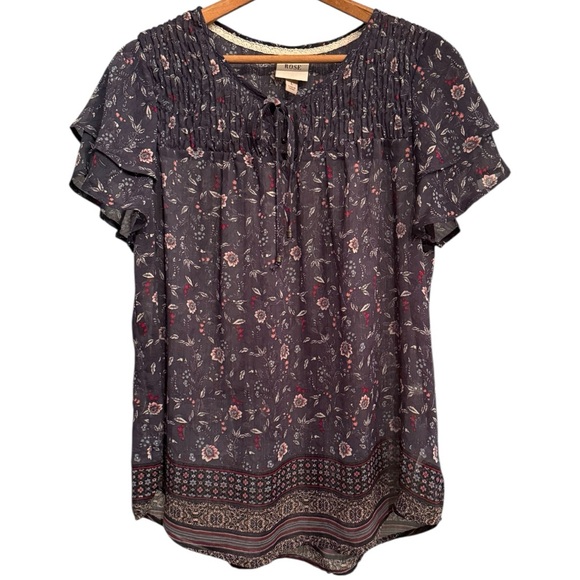 Knox Rose Sheer Floral Blouse - Navy Blue Size Large - Picture 1 of 11
